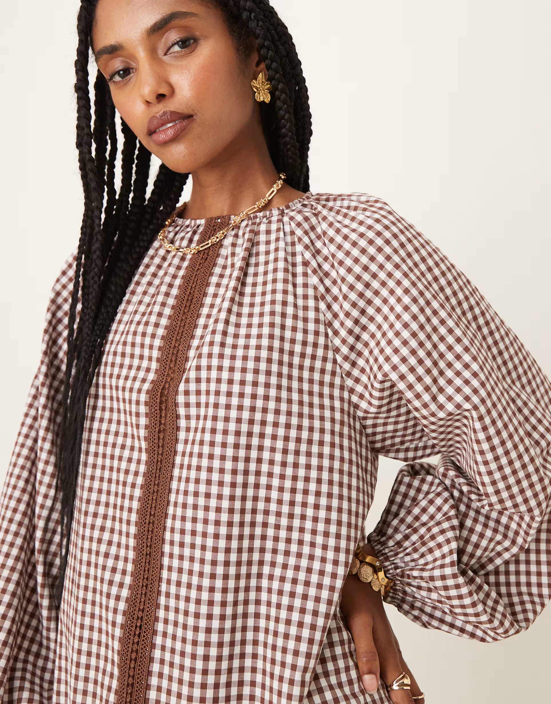 ASOS DESIGN dropped waist frill detail mini dress with lace trim in brown gingham | ASOS | ASOS (Global)