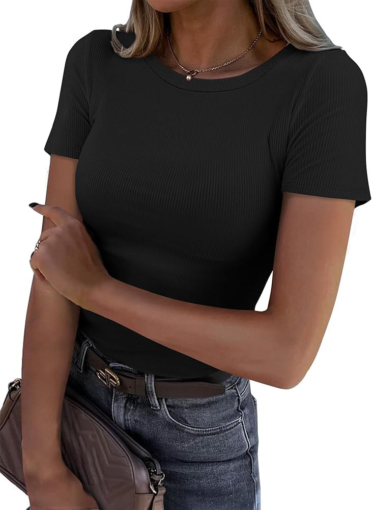 Roselux Women Crew Neck Ribbed Fitted Tight Tshirt Short Sleeve Shirt Basic Knit Top | Amazon (US)