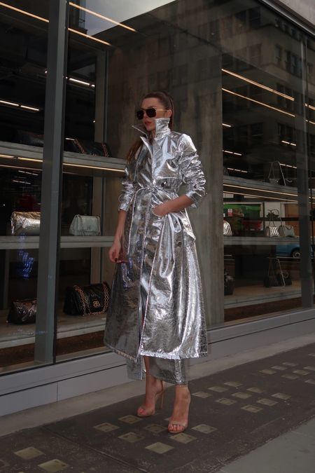 - Metallic trench coat
- Metallic skirt