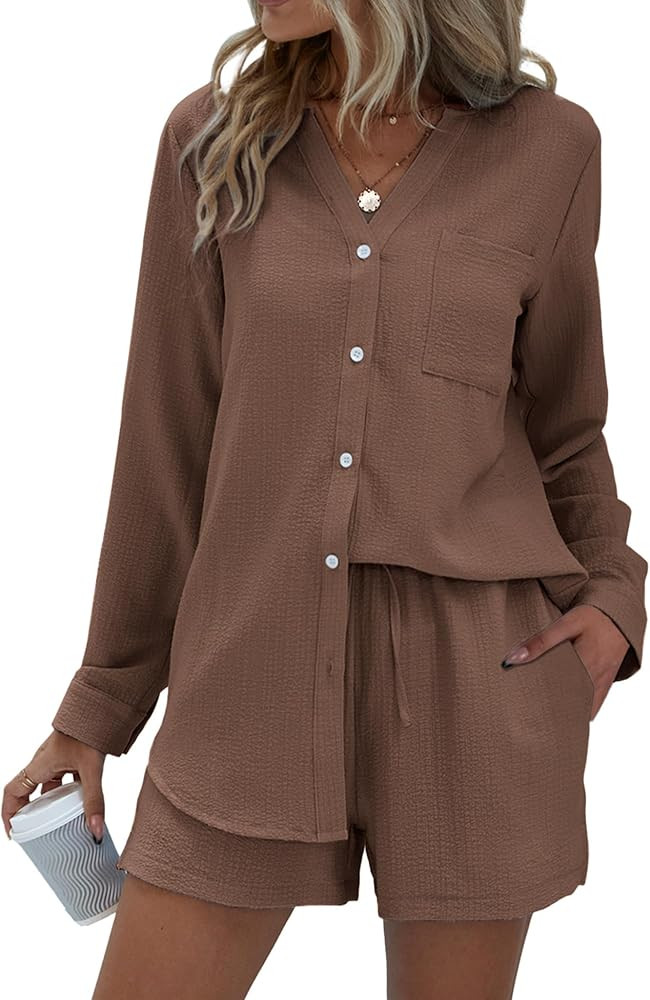 Ekouaer Women's V Neck Lounge Sets Button Down Shirt and Shorts 2 Piece Outfits Loungewear Pajama... | Amazon (US)