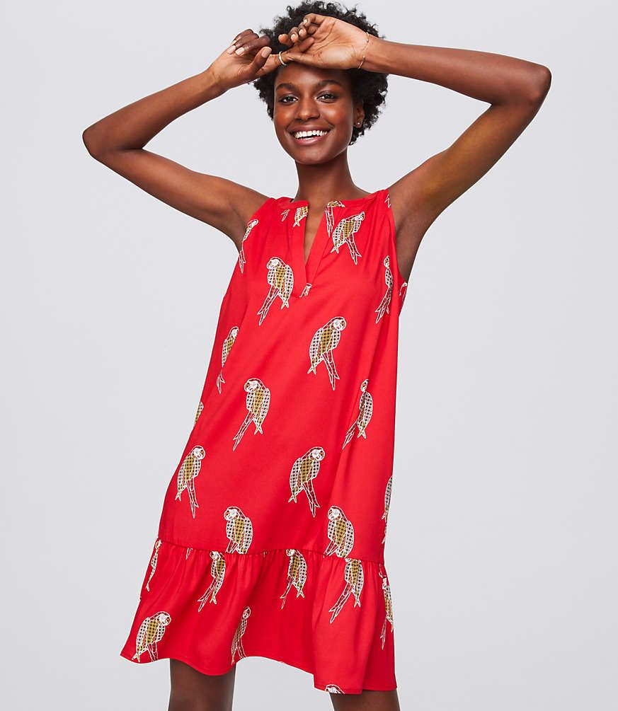 Parrot Split Neck Flippy Dress | LOFT