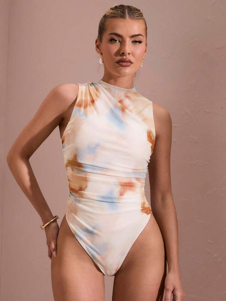 SHEIN BAE Women's Summer Tie-Dye Print Pleated Asymmetrical Bodysuit Sleeveless And Tight-Fitting | SHEIN