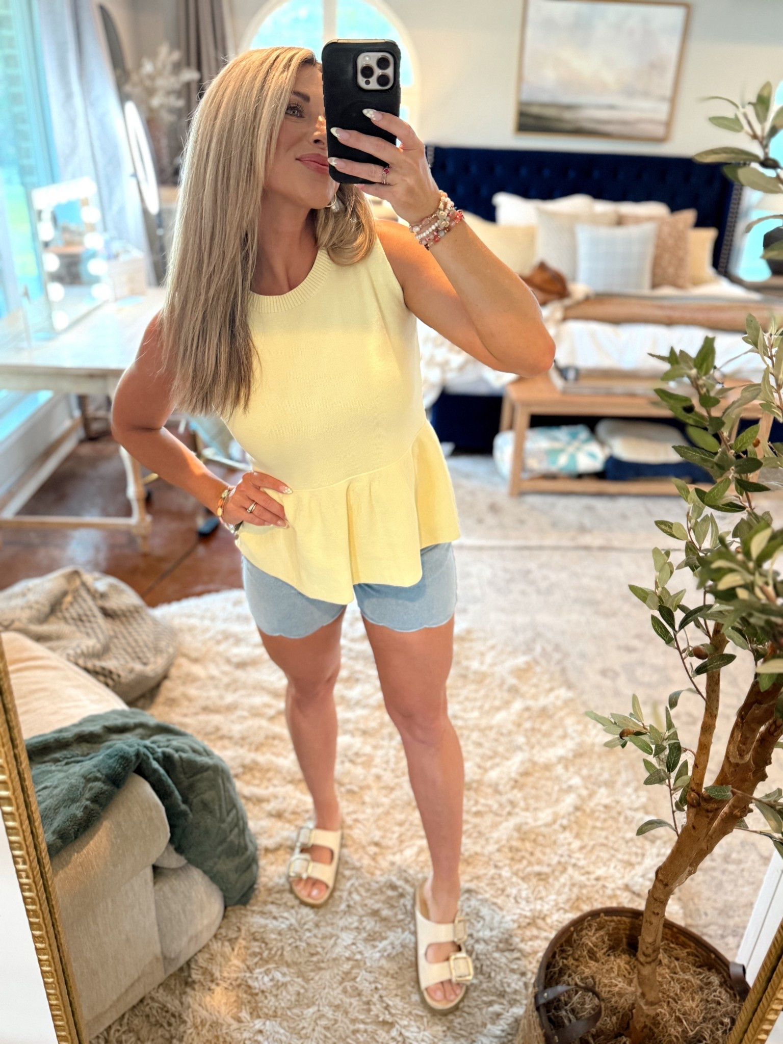 🧈💛 Cutie butter yellow peplum spring top- my daughter already stole it before I could wear it. Shorts were really small on me, but they are super cute. Size up if curvy! 
Spring outfits 2026, casual outfit idea, affordable fashion

#LTKootd #LTKmomlife #LTKgrwm