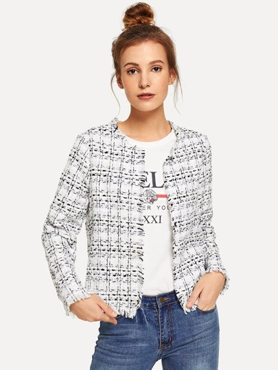 SHEIN Frayed Edge Tweed Open Placket Coat | SHEIN