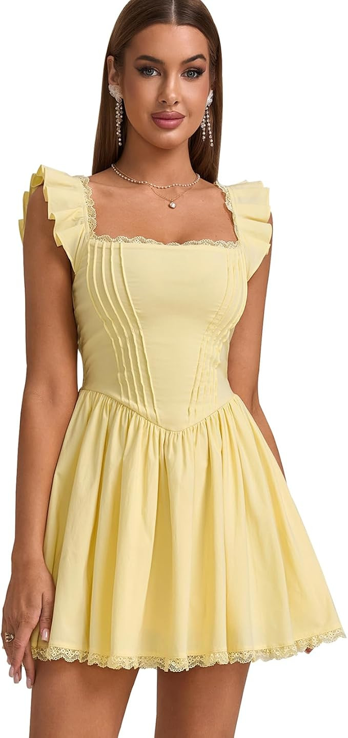 GLNEGE Graduation Corset Short A Line Dress Bridal Shower Mini Dresses | Women's Lace Square Neck... | Amazon (US)