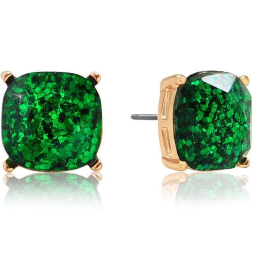 Large Stud Earrings for Women - Simulated Emerald Green Earrings for Women, Big Green Stud Glitter Statement Jewelry with Sparkly Sequin Stone, Small Square Trendy Sparkle Jewelry | Amazon (US)