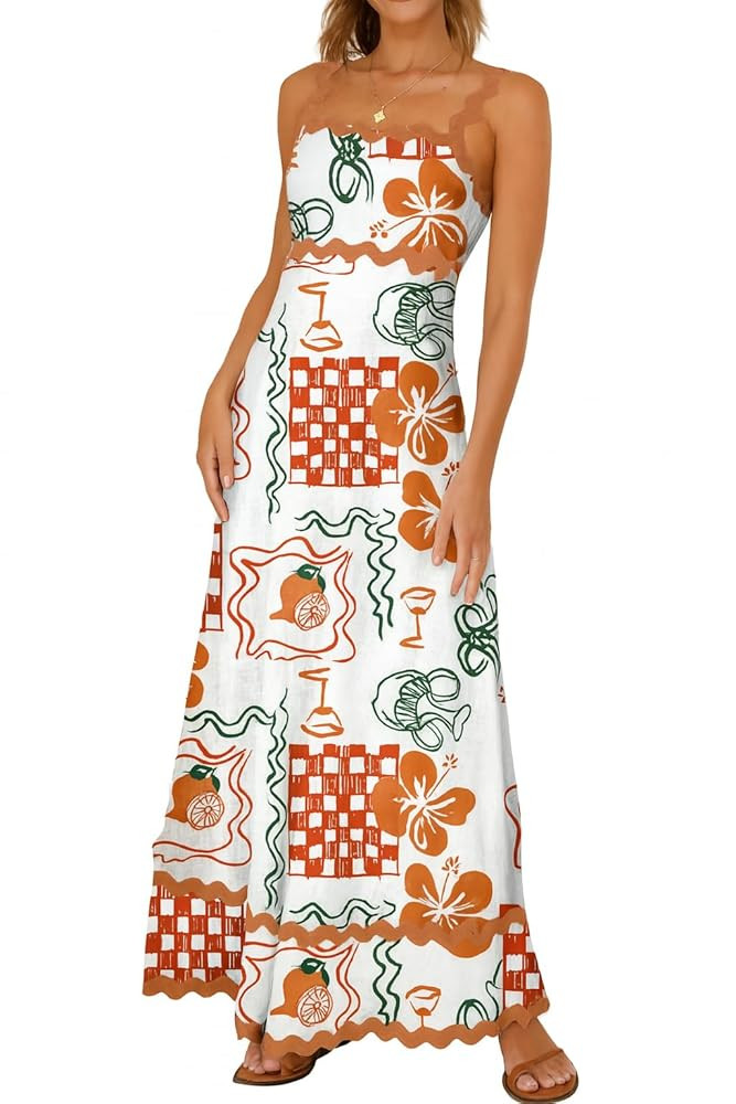 Women's Classy Sleeveless Lemon Print Maxi RIC Rac Dress | Amazon (US)