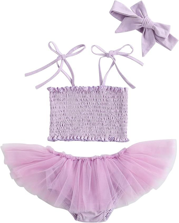 Infant Baby Girl Summer Clothes Sleeveless Strap Ruffle Halter Tube Tops Tutu Skirt Shorts + Head... | Amazon (US)
