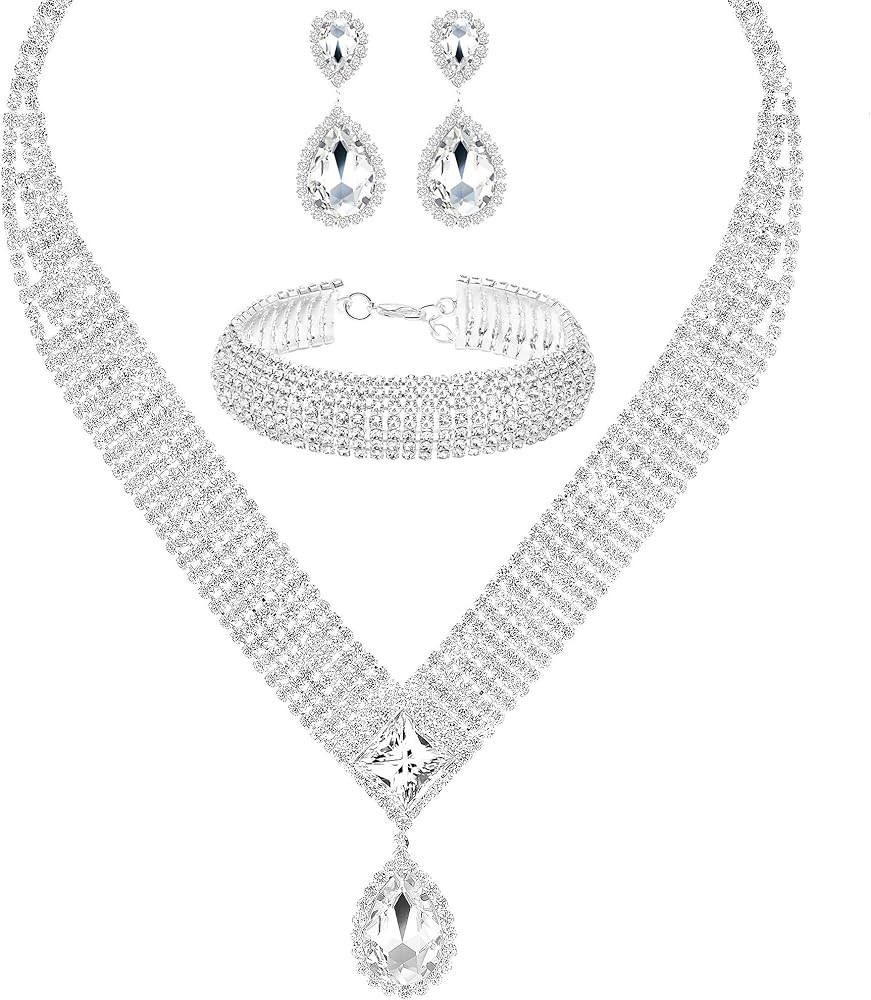 3/4 Pieces Women Jewelry Set Rhinestone Tiara Crown Necklace Bangle Bracelet Crystal Teardrop Dan... | Amazon (US)