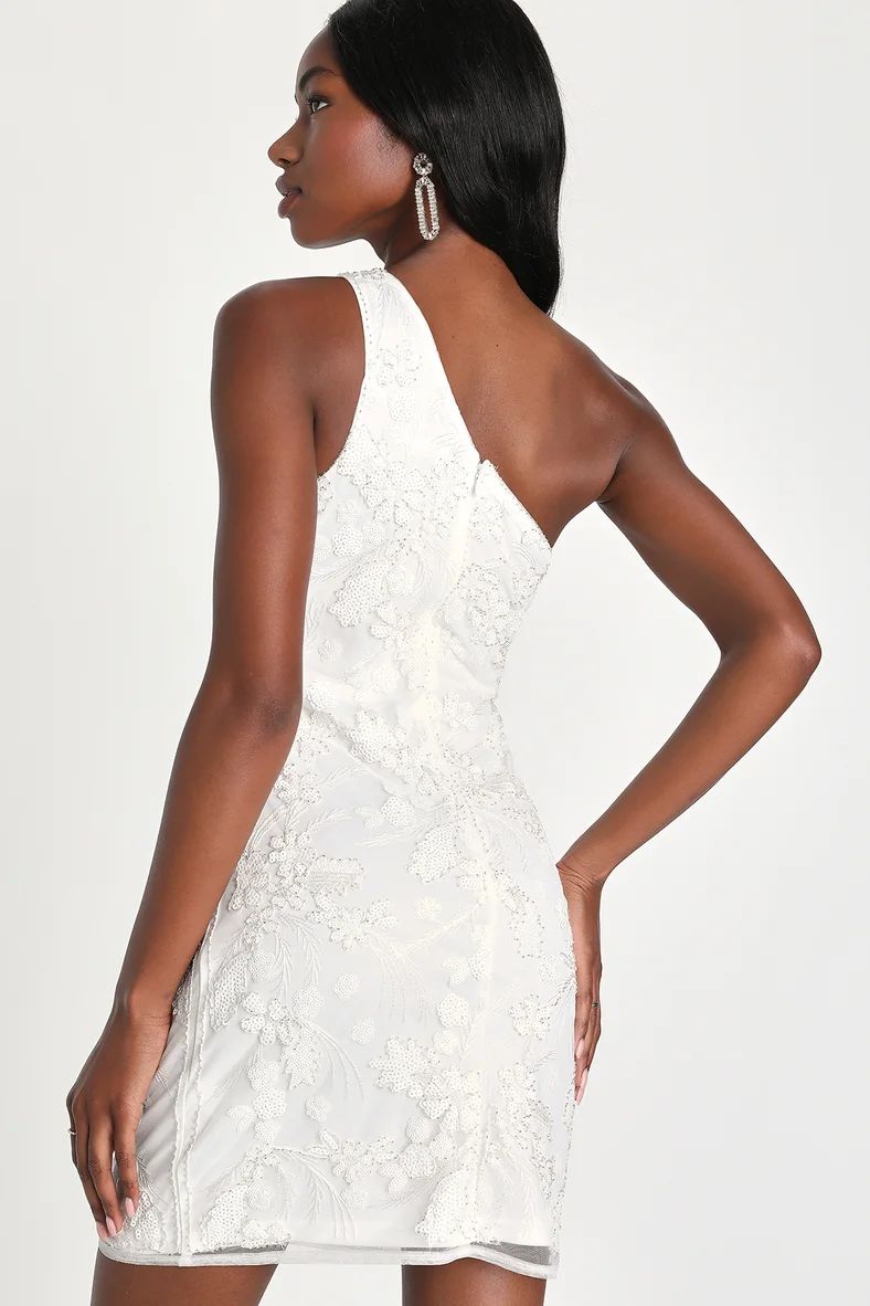 Sparkling Darling White Sequin Beaded One-Shoulder Mini Dress | Lulus