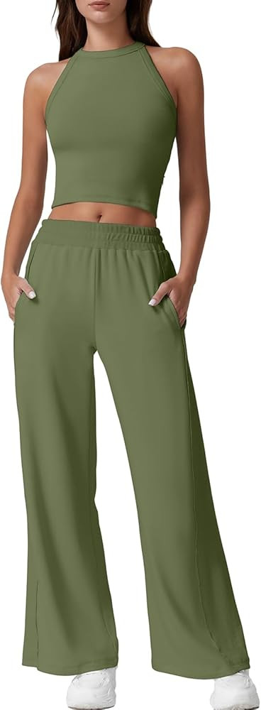 QINSEN Women's 2 Piece Sets Summer Ribbed Knit Crop Tank Tops Wide Leg Pants Sleeveless Tracksuit | Amazon (US)