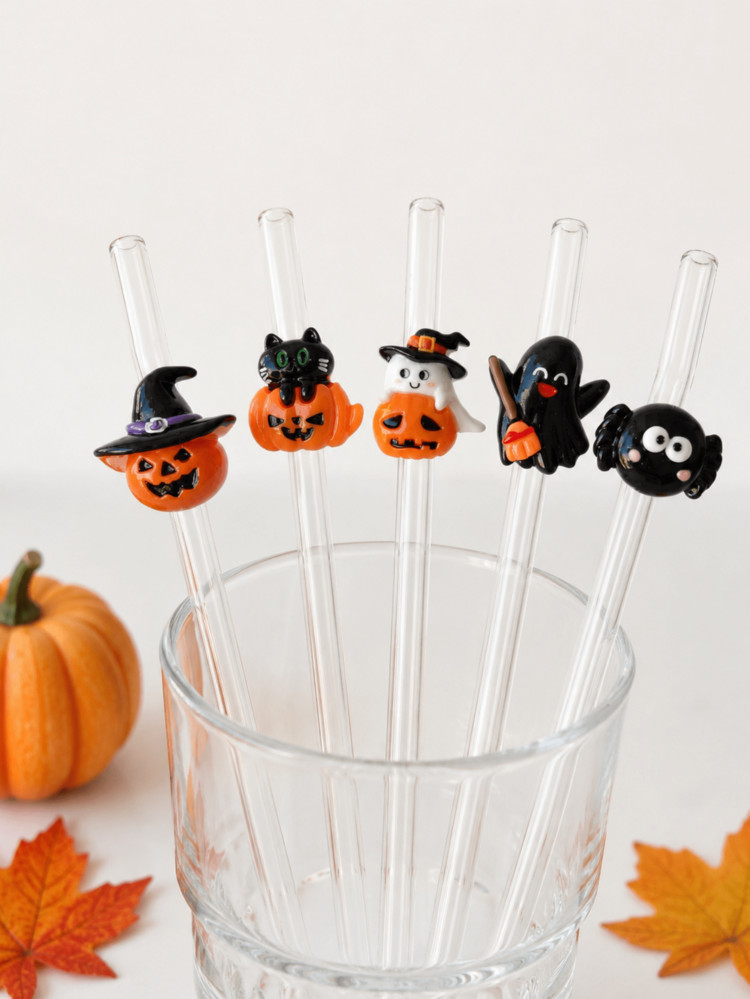 1-5pcs Reusable Clear Glass Straws With Cute Halloween Accents, Witch Hat Pumpkin,Ghost,Spider De... | SHEIN