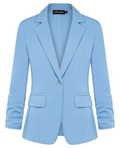 Womens Work Casual Blazers Ruched 3/4 Sleeve Button Jackets (Light Blue-L) | Amazon (US)