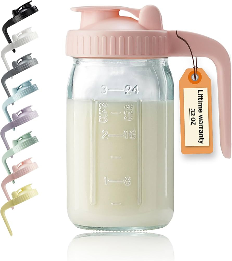32oz Glass Pitcher with Lid & V-shaped Pour Spout - 1 Quart Breastmilk Pitcher Double Leak Proof,... | Amazon (US)