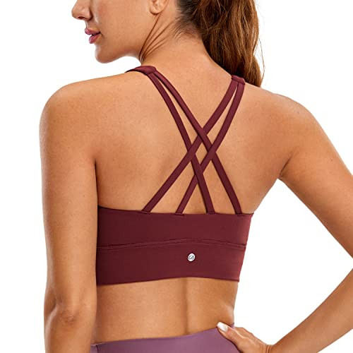 CRZ YOGA Womens Butterluxe Strappy High Neck Longline Sports Bra - Wireless Criss Cross Back Padded Workout Cropped Top Noctilucence Red X-Large | Amazon (US)