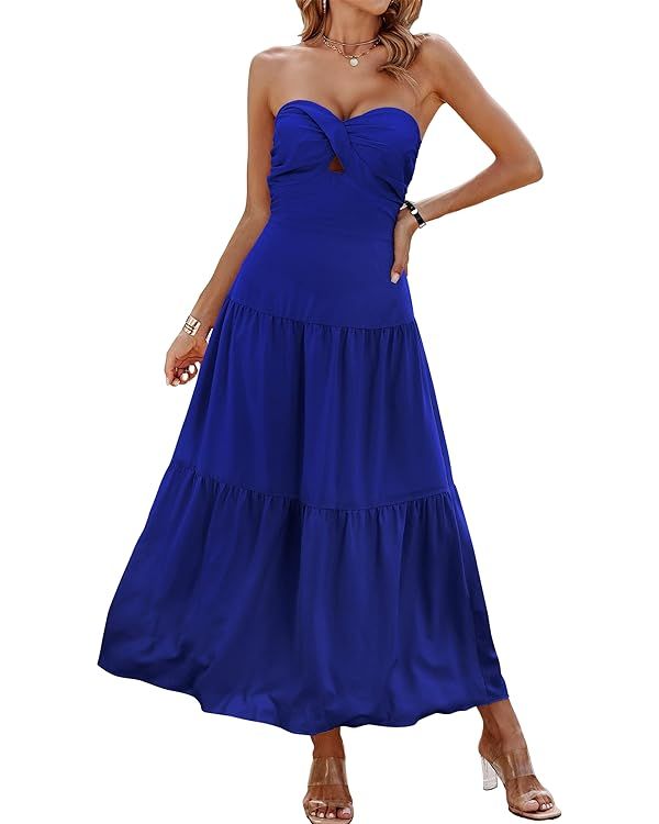 ECOWISH Women's Summer Strapless Dress Maxi Off Shoulder Hollow Out Smocked A Line Tube Tiered Lo... | Amazon (US)