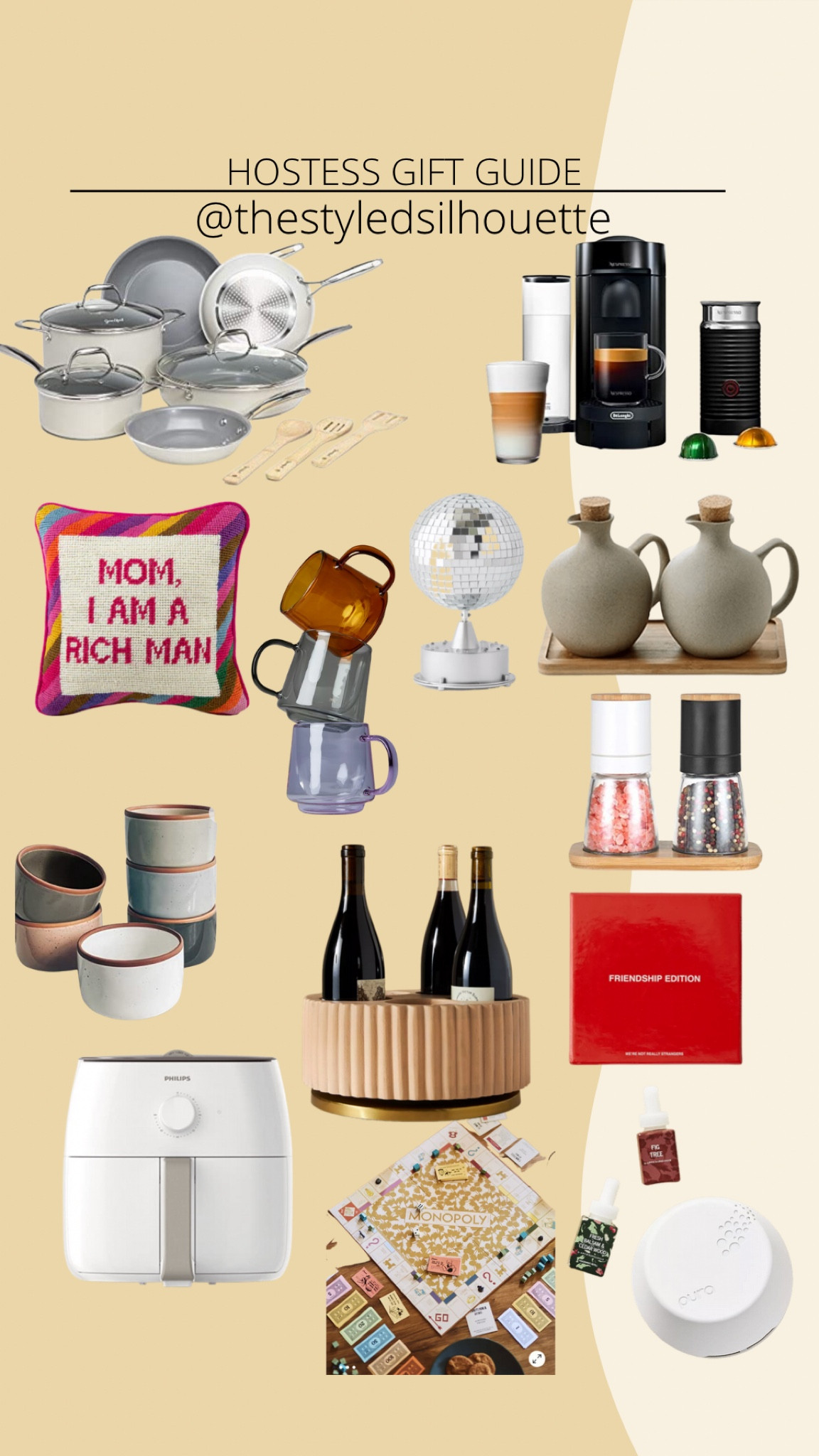 Hostess gift// home gift guide// wine bottle holder// games// air fryer// glass mugs// rich man pillow// salt and pepper holder//olive oil holder// non stick pots// mini disco ball// fancy monopoly// pura// mini ceramic bowls// spice bowls// sauce bowls// Nespresso machine 

#LTKHoliday #LTKhome #LTKSeasonal