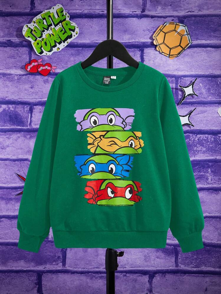 TEENAGE MUTANT NINJA TURTLES | SHEIN Tween Boy Olive Green Casual Cartoon Print Pullover Sweatshirt, Spring Autumn | SHEIN