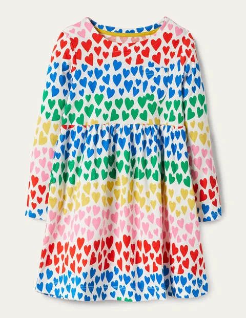 Long Sleeve Fun Jersey Dress - Multi Rainbow Hearts | Boden US | Boden (US)