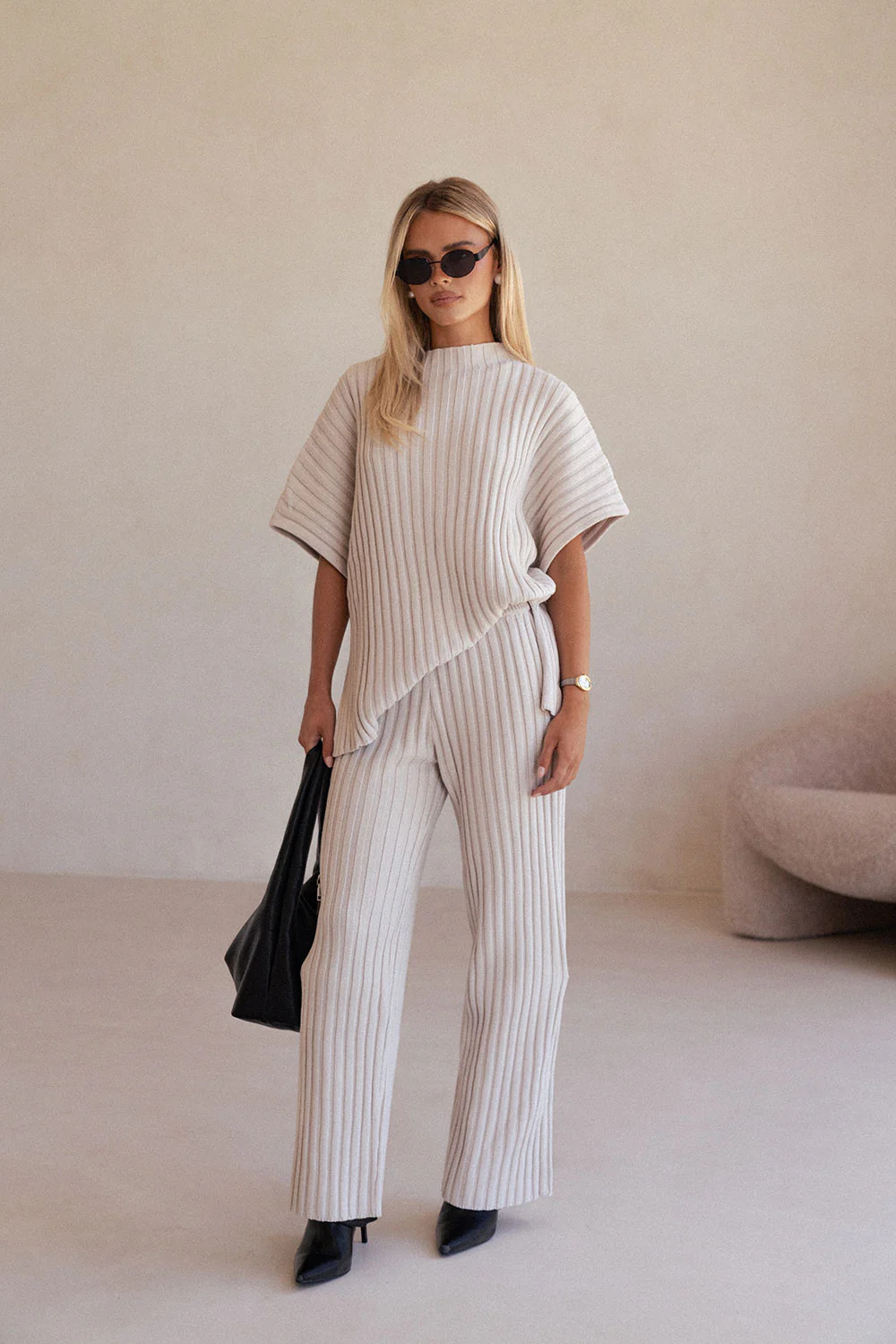 Beige Sand Ribbed Knit Celine Pants | Sabo Skirt US