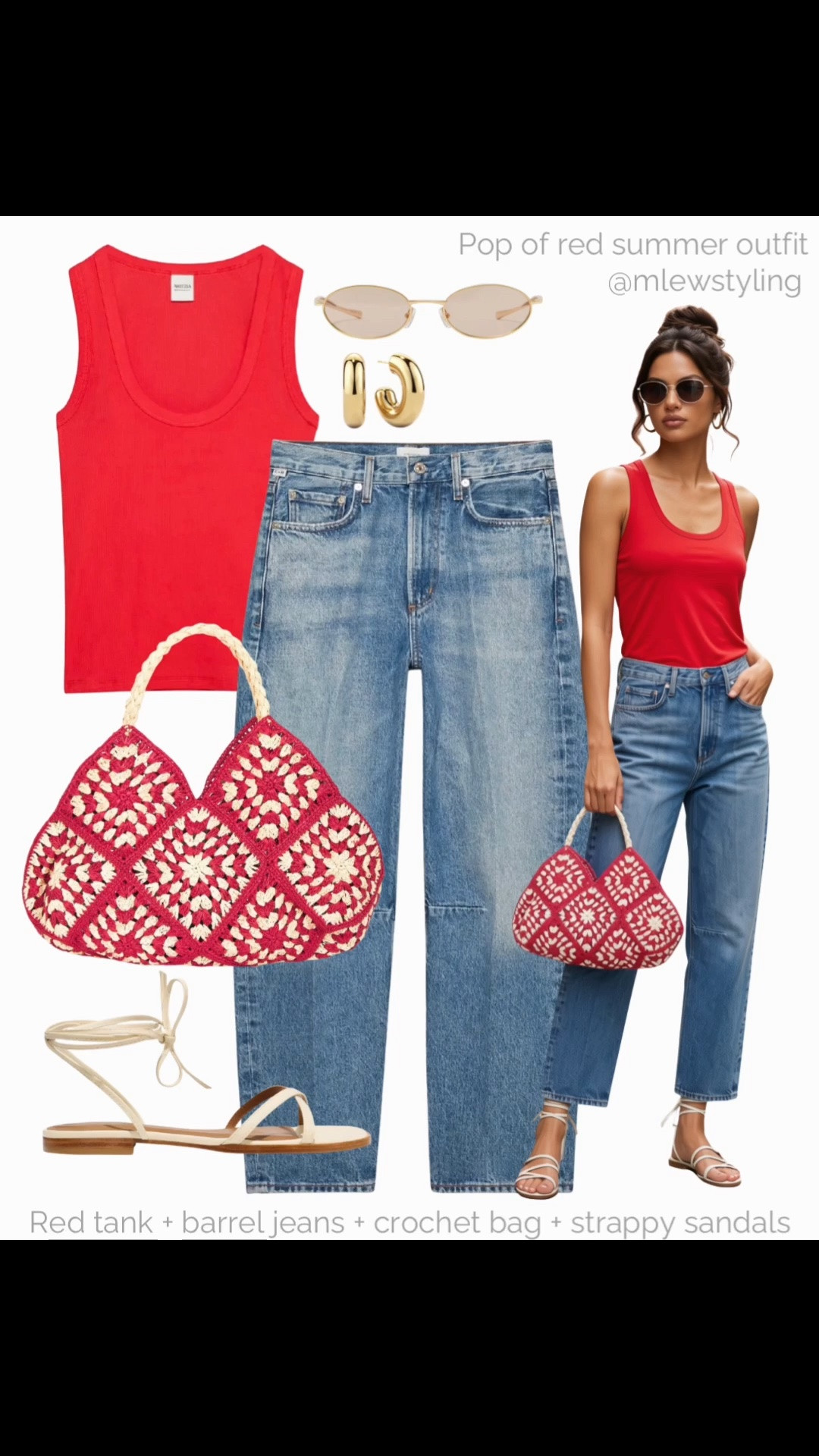 Red tank + barrel jeans + crochet bag + strappy sandals ♥️

Tags: summer outfit, citizens of humanity denim, revolve sunglasses, gold hoop earrings, Margaux NY leather sandals, weekend look, summer to fall transitional outfit

#LTKsummer #LTKjeans #LTKshoes