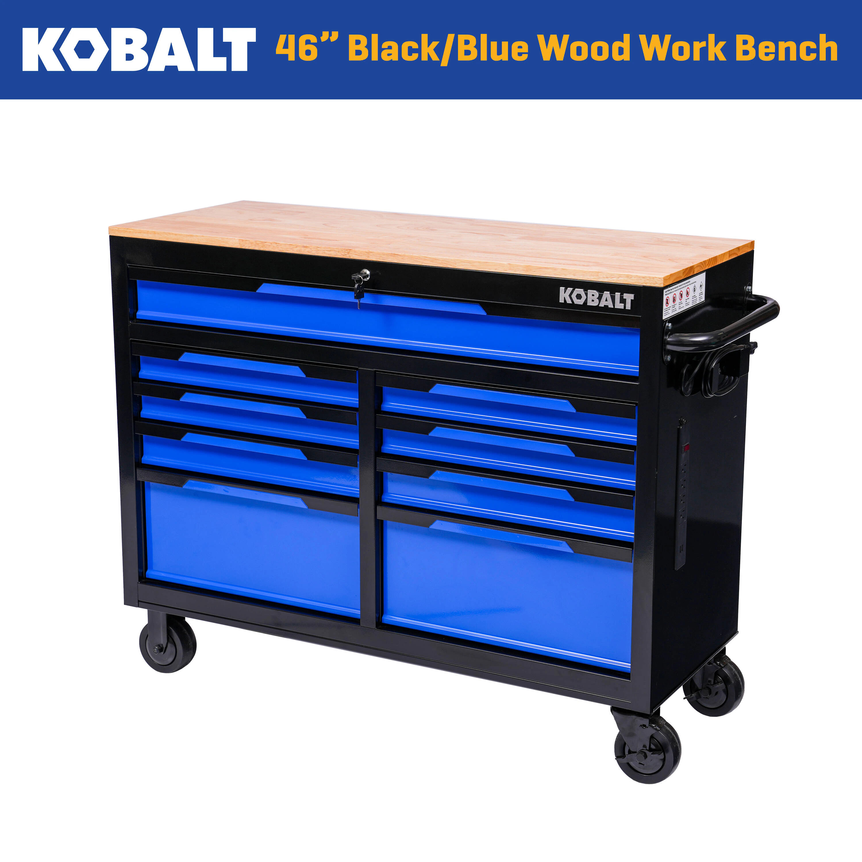 Kobalt 46.1-in L x 37.2-in H 9 -Drawers Rolling Black/Blue Wood Work Bench Large | 19246 | Lowe's