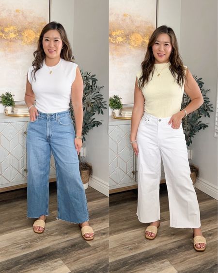 Abercrombie Outfits
White Top: Small
Wide Leg Crop Jeans: 28R (size down)
Yellow Top: Medium. 