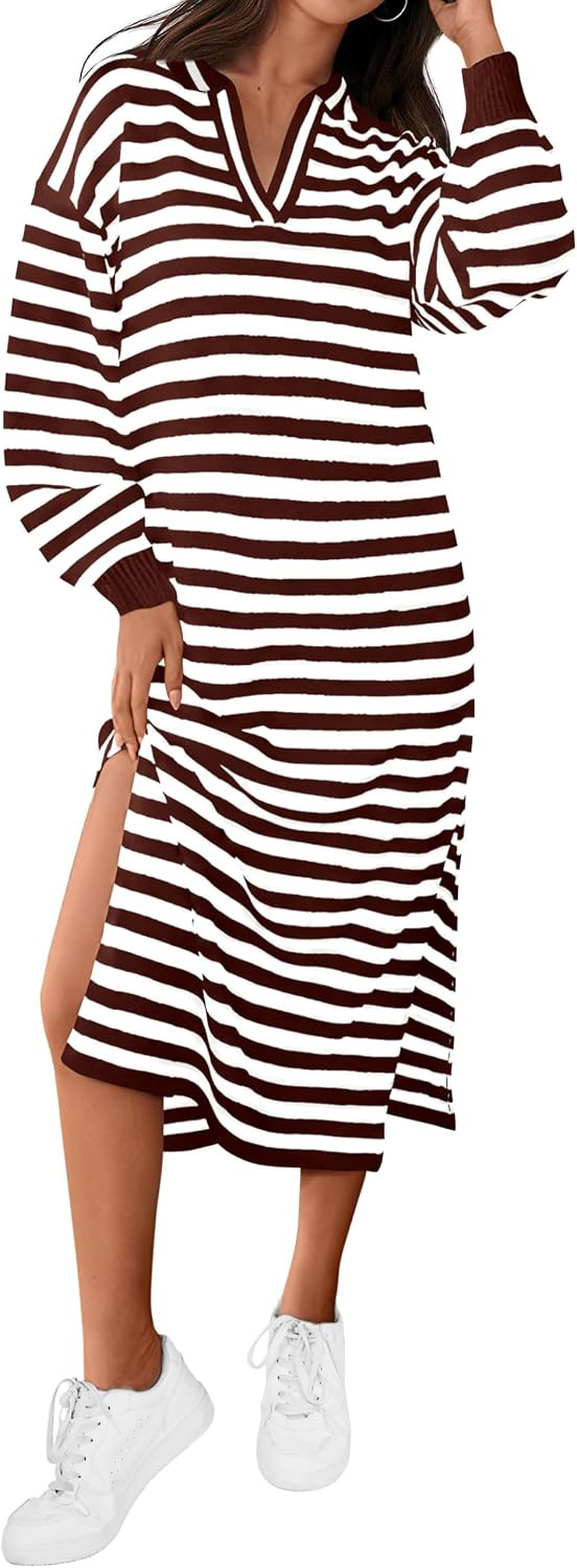 MASCOMODA Womens Fall Dresses 2024 Striped Sweater Dress Casual Long Sleeve V Neck Collared Loose Side Slit Knit Midi Dress | Amazon (US)