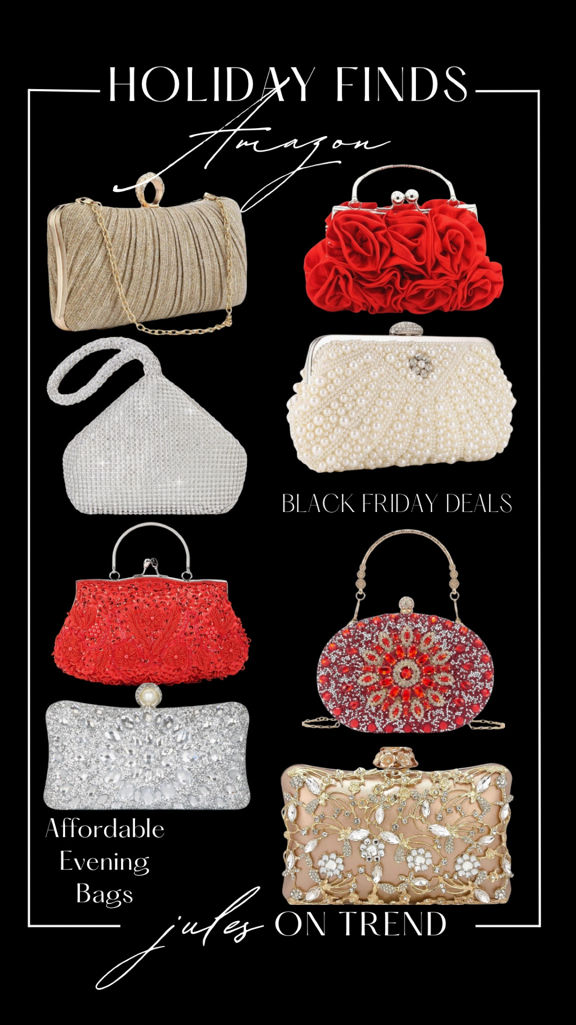 Complete your holiday outfit, wedding guest dress, or date night look with any of these Gorgeous evening bags under $30!! Black Friday Deals at Amazon. Most of these come in several colors as well.

#LTKHoliday #LTKParties #LTKFindsUnder50