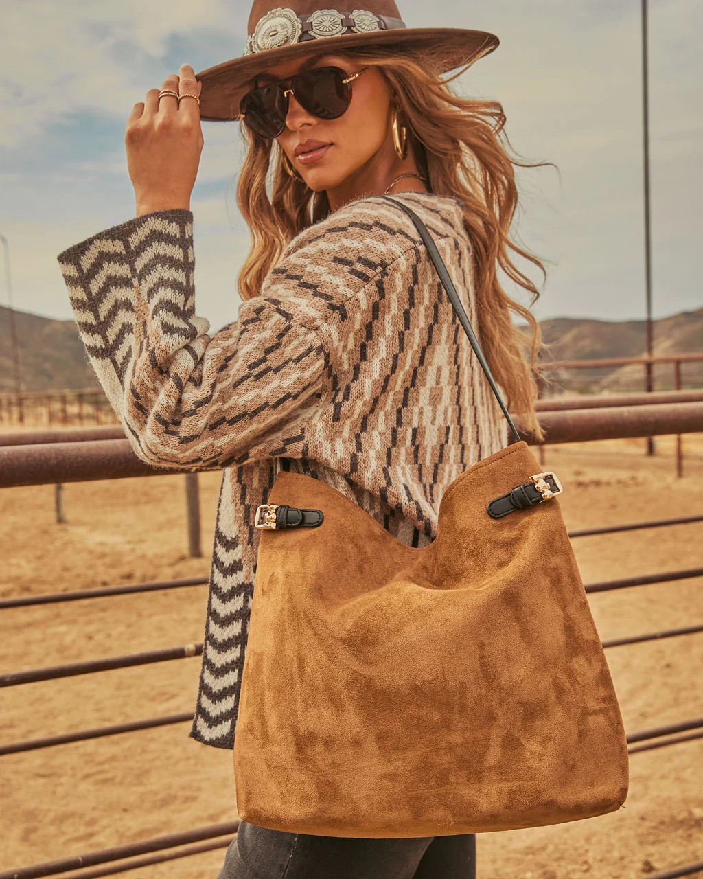 Layton Faux Suede Vegan Leather Buckle Tote Bag Tan / O/S | VICI