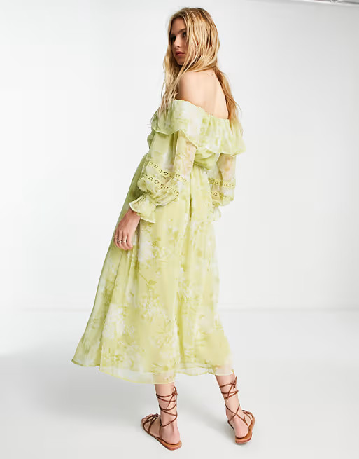 River Island floral ruffle bardot midi dress in green | ASOS (Global)