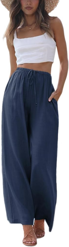 Faleave Women's Cotton Linen Summer Palazzo Pants Flowy Wide Leg Beach Trousers with Pockets | Amazon (US)