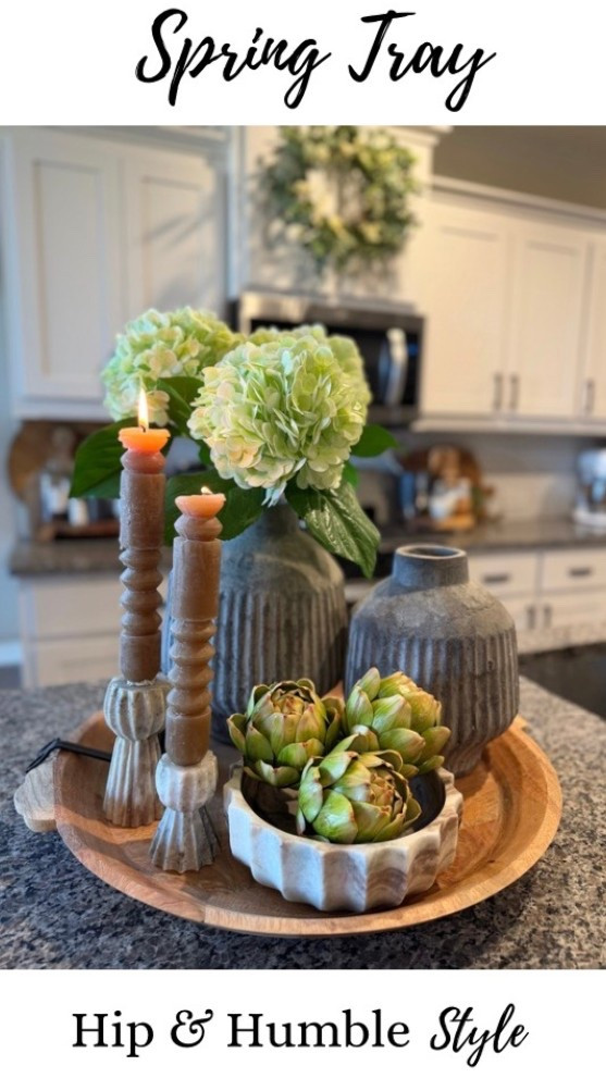 Simple spring tray styling inspiration round tray, planters, faux hydrangeas, faux artichokes, marbel accents, home decor accents, candles 

#LTKSeasonal #LTKHome