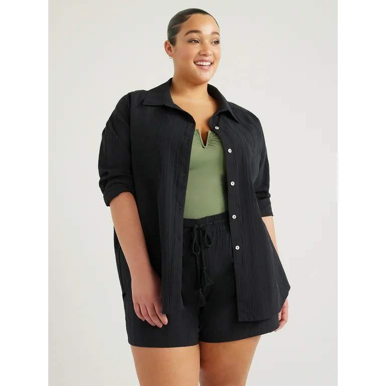 Time and Tru Women's and Women's Plus Cotton Button Front Coverup Shirt, Sizes XS-3X | Walmart (US)