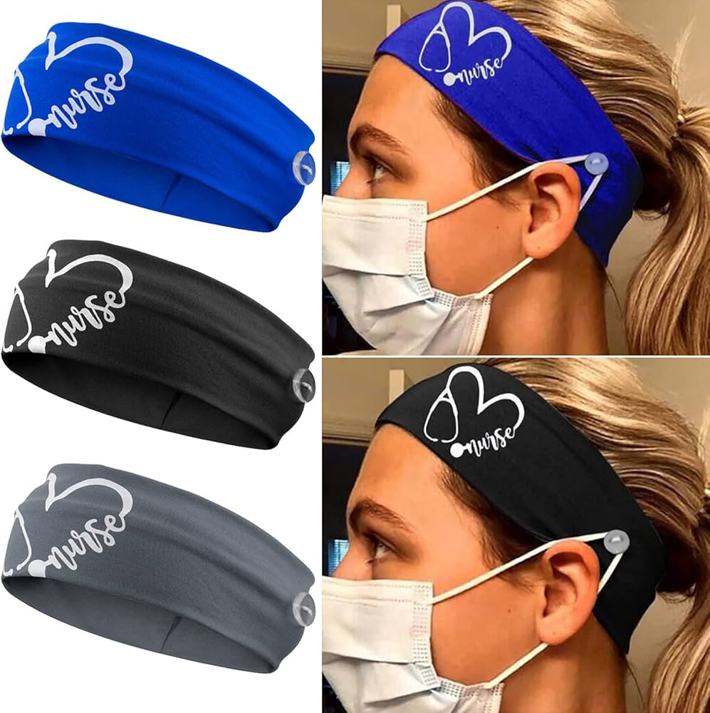 CODACE 3 Packs Nurse Headbands with Buttons, Face Cover Holder, Reduce Ear Pain, Elastic Hair Ban... | Amazon (US)