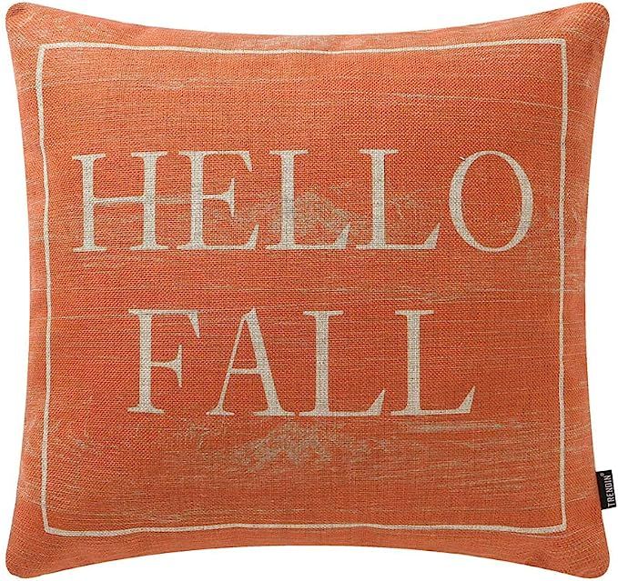 TRENDIN Decorative Throw Pillow Cover 18x18 inch Wooden Plank Orange Hello Fall Cushion Case Squa... | Amazon (US)