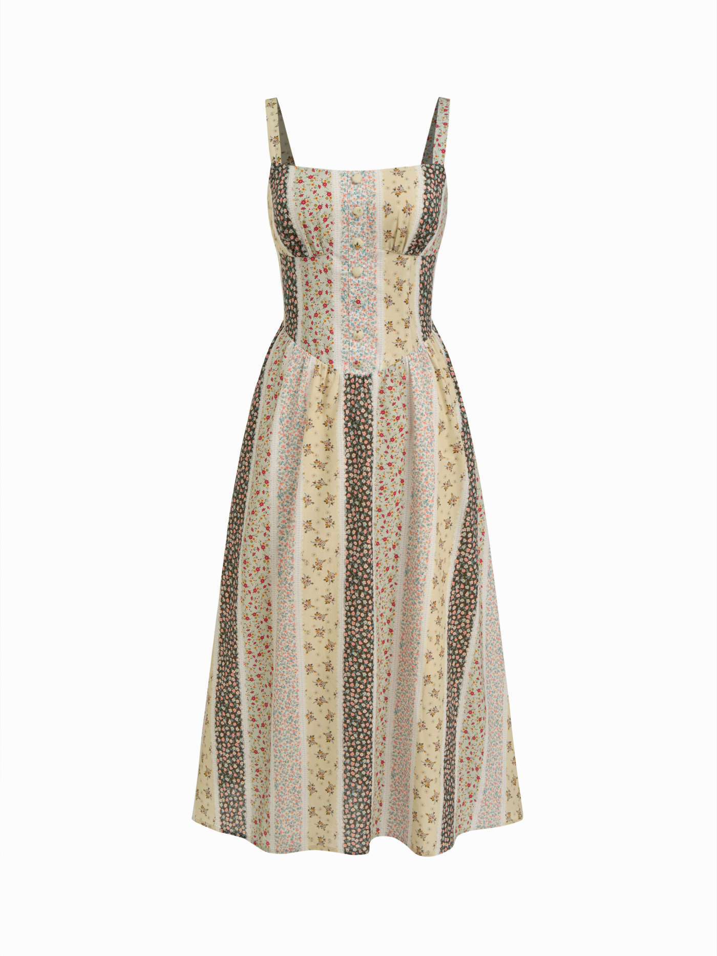 Woven 100% Cotton Floral Colorblock Lace Up A-line Maxi Cami Dress For Daily Casual | Cider