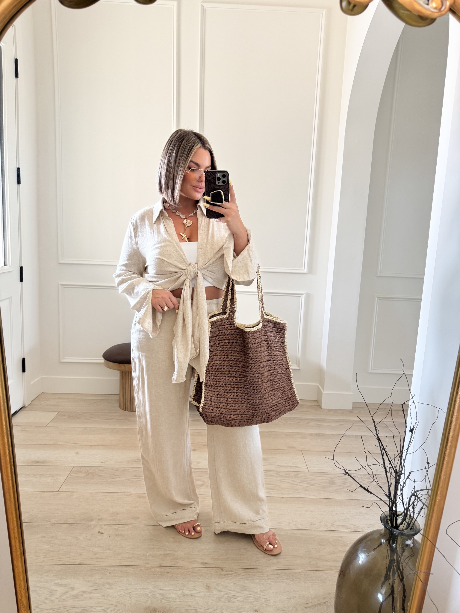 Vacay outfit idea 
This top matched really well with these linen Abercrombie pants. 
Top xl 
Pants L long I am 5’5 for reference ￼
Linked similar bandeau tops you can wear with this ￼