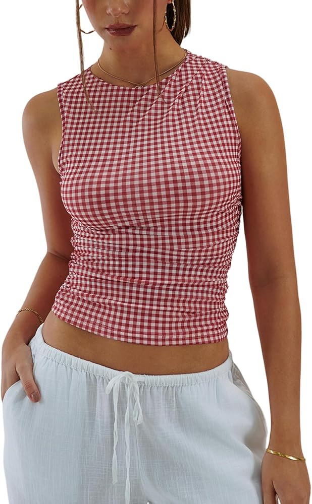 Milumia Women's Gingham Top Sleeveless Ruched Fitted Tank Tops Going Out Y2k Coquette Clothes | Amazon (US)