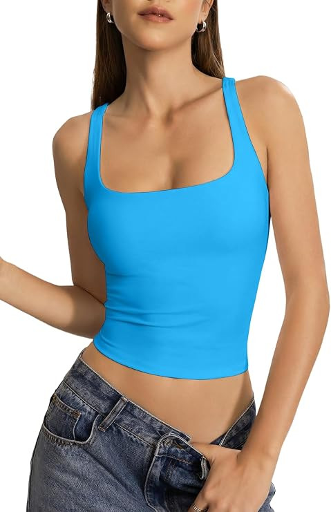 QINSEN Womens Tank Tops with Built in Bras Square Neck Double Lined Basic Sleeveless Workout Tops | Amazon (US)