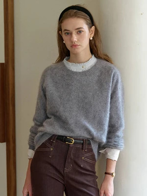 Tru Cloud-Soft Wool Round Neck Sweater Flowers Grey | Simple Retro
