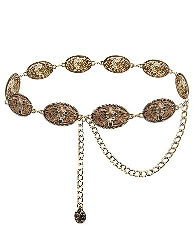 TOPACC Western Rodeo Belts for Women Bronze Metal Cowgirl Cowboy Longhorn Concho Chain Belt for Dresses Jean Country Concert Outfit | Amazon (US)