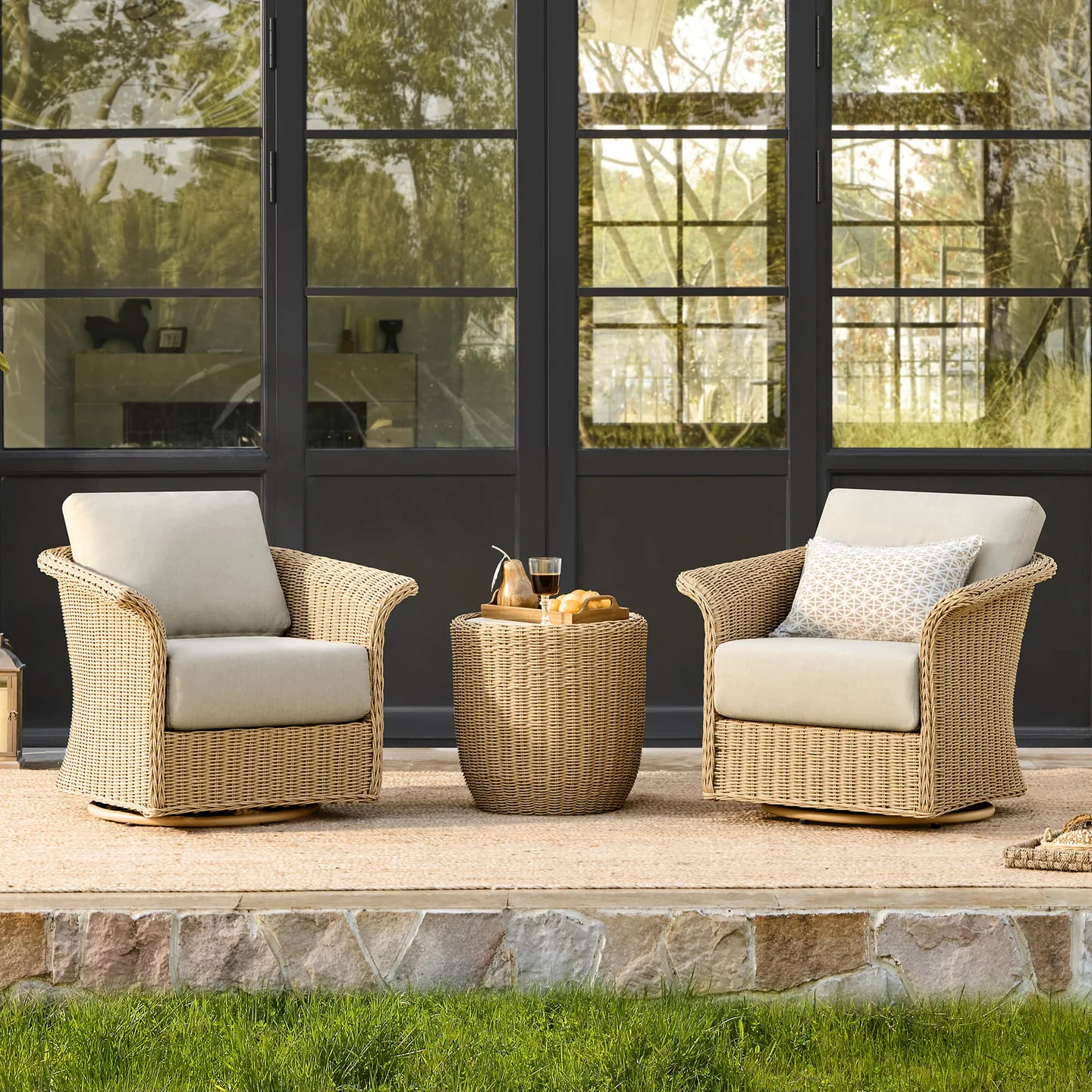 Haven Wicker Bistro Set | Flared Armrest Swivel Chairs | Chita