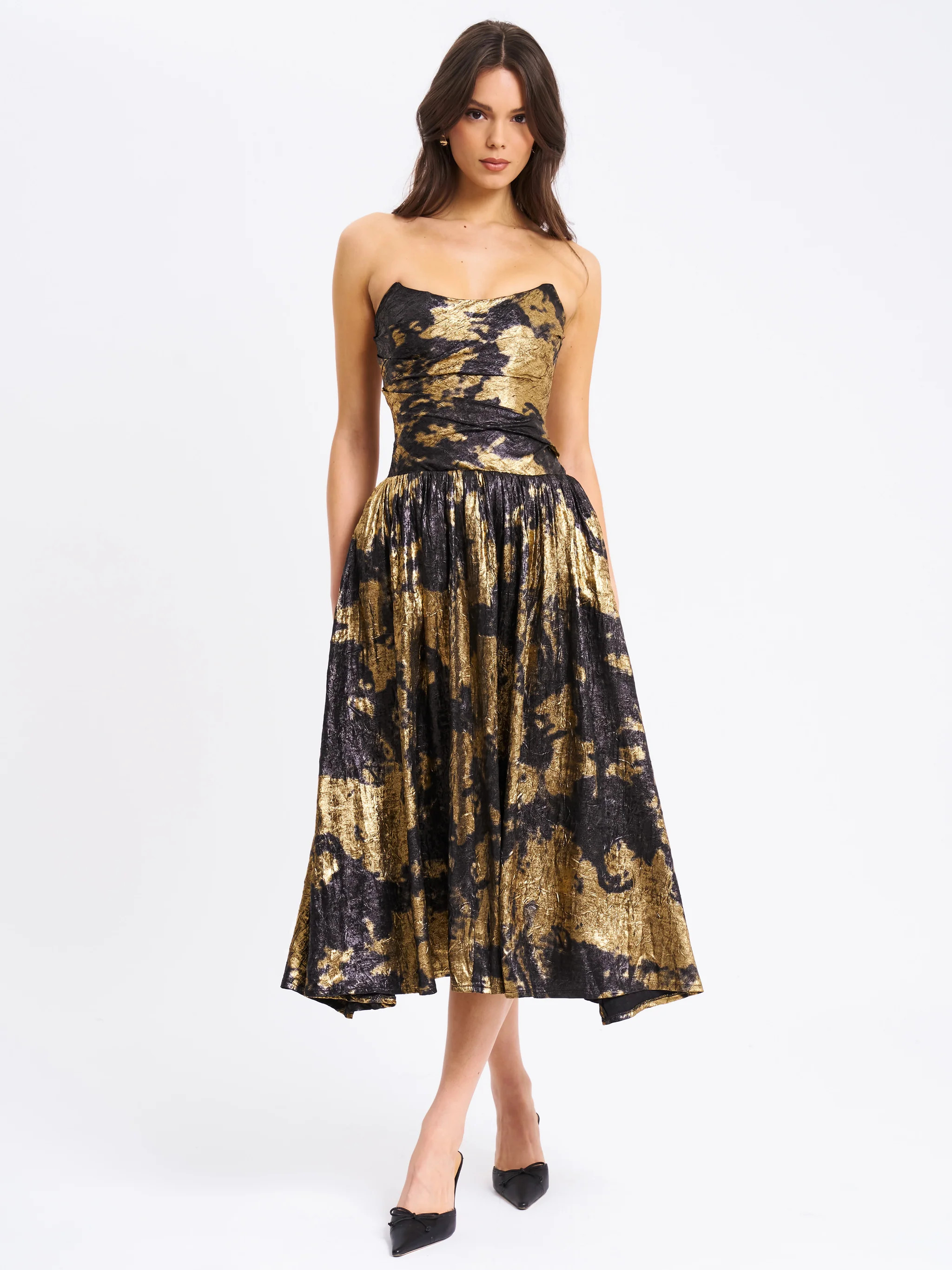 Saanvi Gold Tie Dye Bronzing Strapless Drop Waist Midi Dress | Miss Circle
