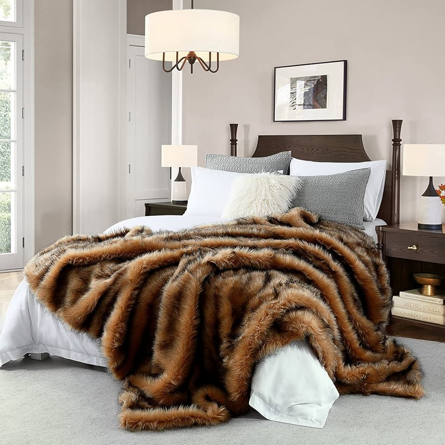 Luxury Plush Faux Fur Blanket Queen Size, Long Pile Brown with Black Tips Blanket, Oversized Supe... | Amazon (US)