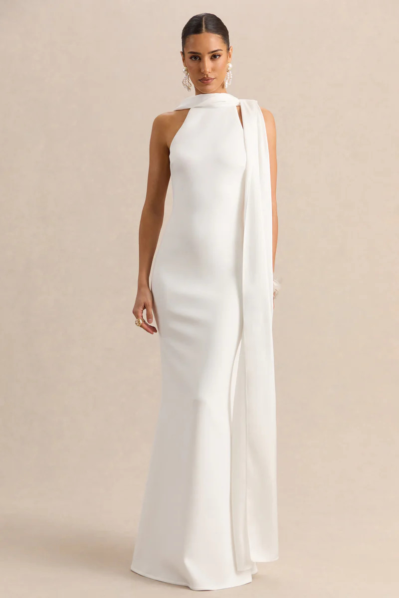 Vionette  White High-Neck Maxi Dress With Scarf | Club L London