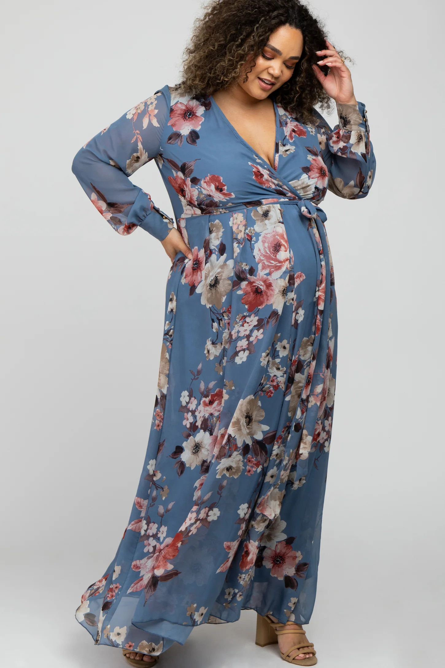 Blue Floral Chiffon Maternity Plus Maxi Dress | PinkBlush Maternity