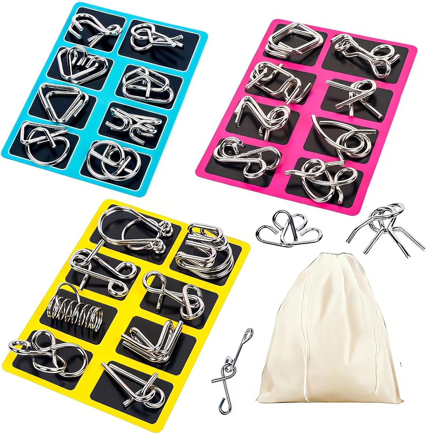GEKELI Metal Wire Puzzle Set of 24 with Pouch,Brain Teaser IQ Test Disentanglemen Iron Link Unlock Interlock Game Chinese Ring Magic Trick Toy for Party Favor Kids Adults Challenge | Amazon (US)