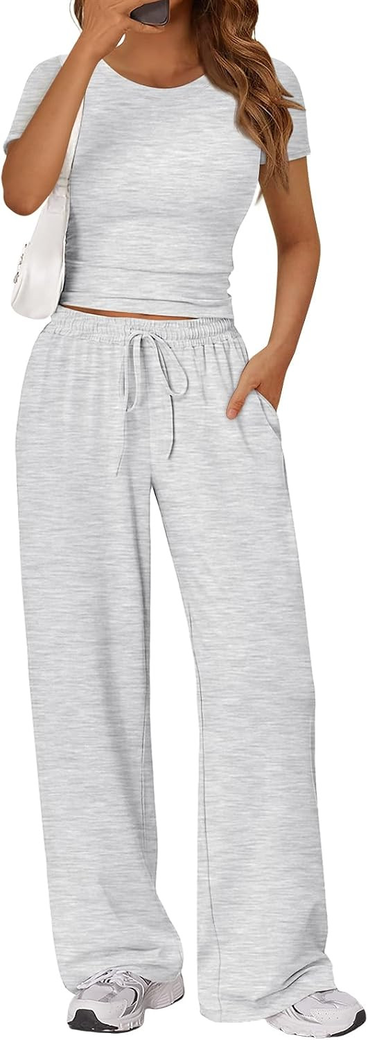 LILLUSORY 2 Piece Lounge Wear Sets for Women UK Summer Cap Sleeve T Shirts Wide Leg Tracksuits Casual Co Ords with Pockets | Amazon (UK)