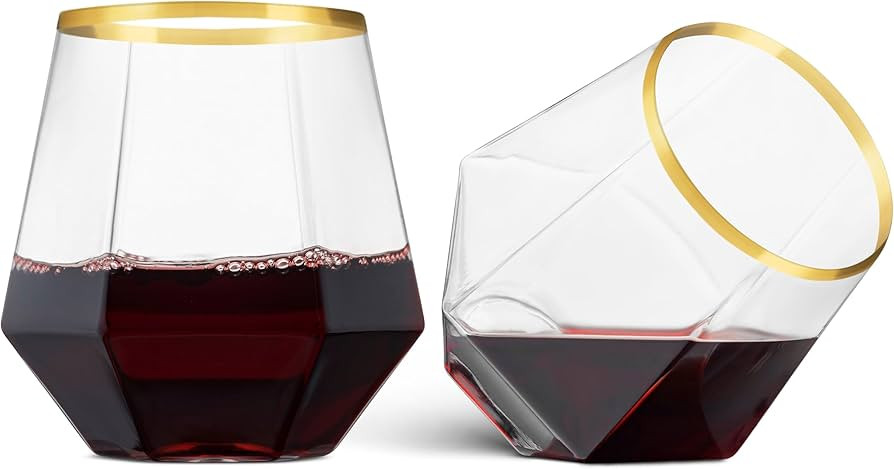 Munfix Gold Rim Plastic Stemless Wine Glasses 32 Pack - Diamond Shaped Unbreakable Disposable 12 ... | Amazon (US)